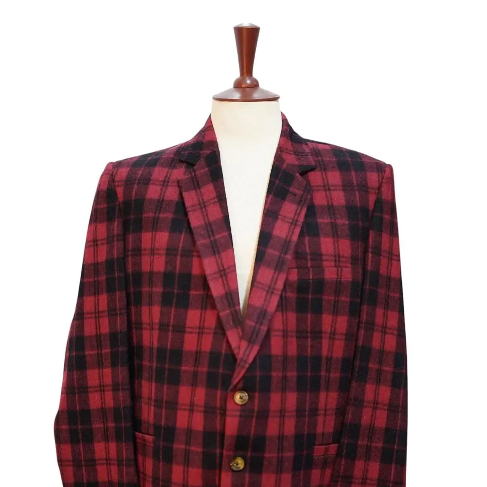 Mens Lambswool Sport Coat 44R Red Black Tartan Plaid Blazer 2 Button Classic